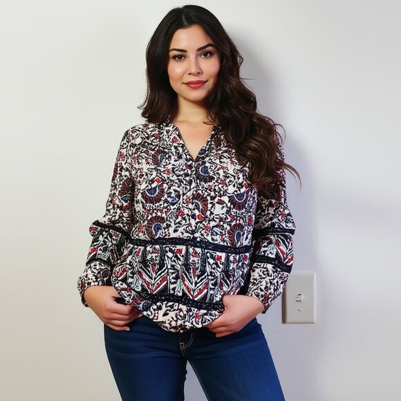 glam American Made Boho Border-Print V‑Neck Blouse Size M - Picture 1 of 7
